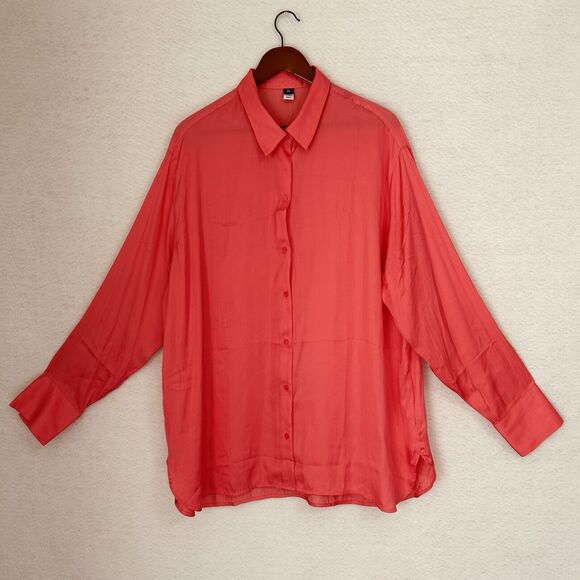 Old Navy Blouse Women XL Tall Pink Daylily Silky ButtonUp Tunic Office Comfy NWT - Picture 11 of 12